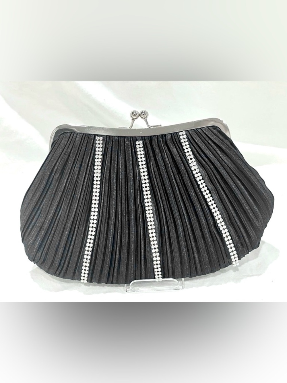 Vintage Black Satin Evening Clutch w Rhinestone Piping | Scratch